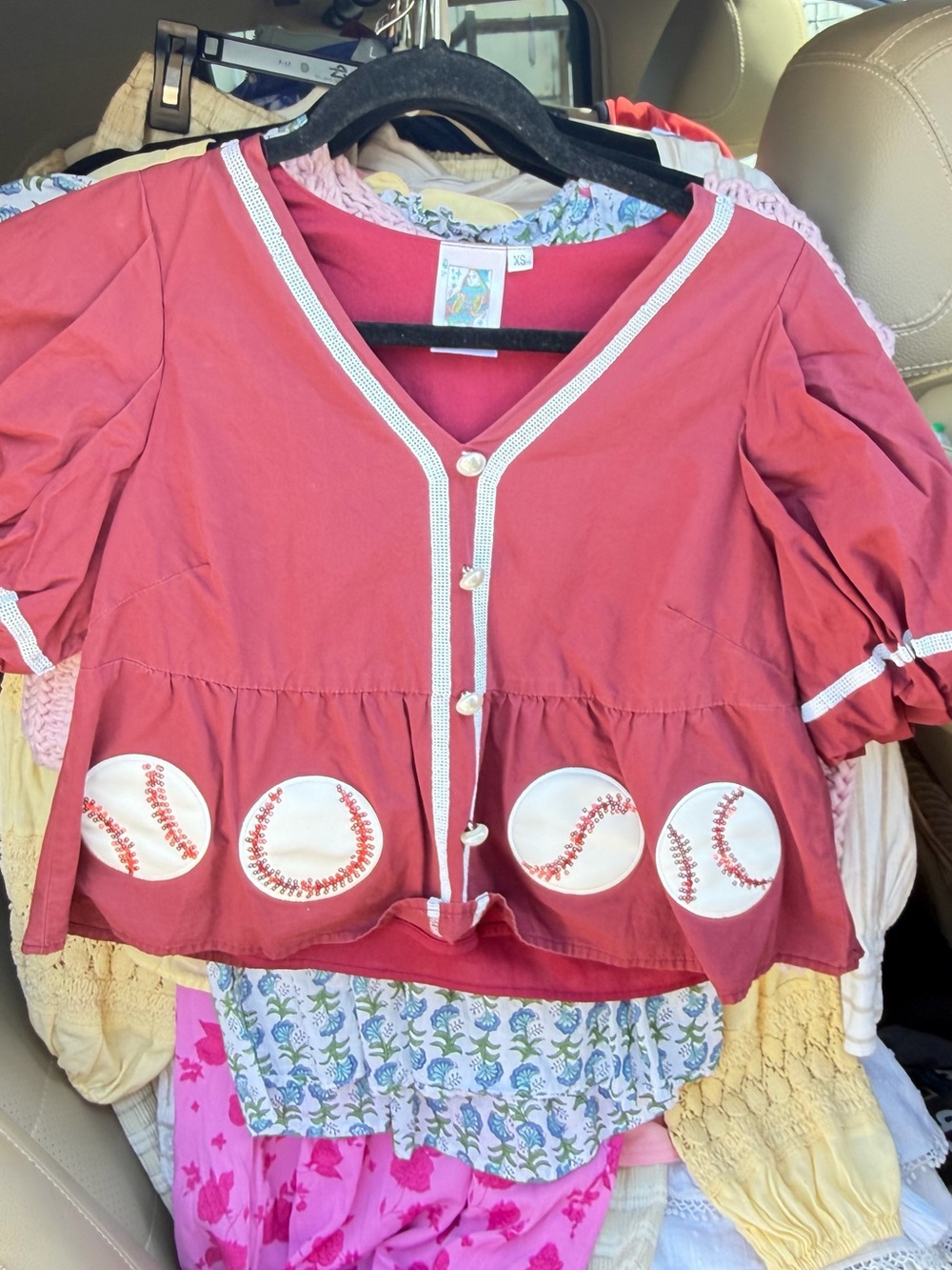 QUEEN OF SPARKLES Red Button-Front Baseball Accent Blouse